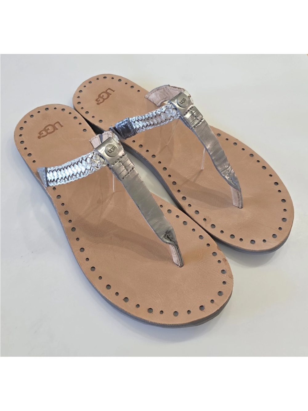 UGG Metallic Silver Braided Thong Sandals - Women's